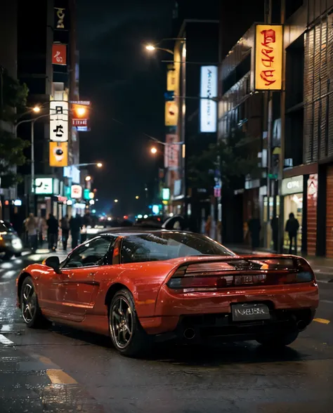 (Best Quality, 8k, Masterpiece: 1.3),Clear Focus: 1.2, nsxna1, comic style, Honda NSX parked, in the Shibuya neighborhood at night, illuminated by colorful signs, neon lights, rainy night