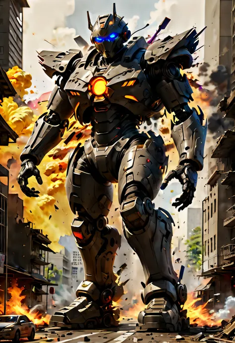 physically-based rendering,mecha,warrior,giant,metallic armor,fire,explosions,debris,destroyed buildings,smoke,sparks,cityscape,...