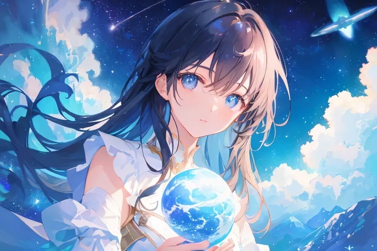 Create exquisite illustrations reminiscent of Makoto Shinkais style, It has ultra-fine details and top-notch quality. Craft a high-quality illustration of a girl wandering through outer space, her expression curious and enigmatic, while ensuring an overall...