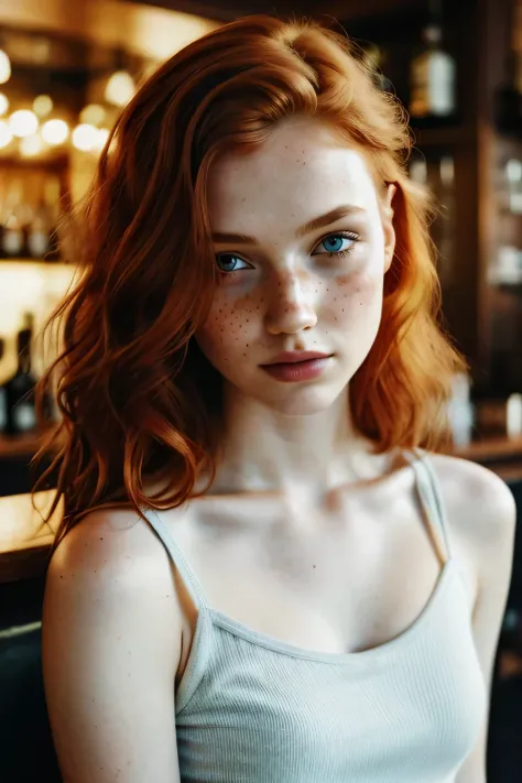 1girl in, age19, Solo, Aesthetic artwork, irish redhead, wavy ginger hair, shoulder length ginger hair, gray eyes, light grey eyes, some small freckles, pale skin, A-cup, medium breasts, runners body, (textured skin, skin pores:1.1), (moles:0.8), imperfect...