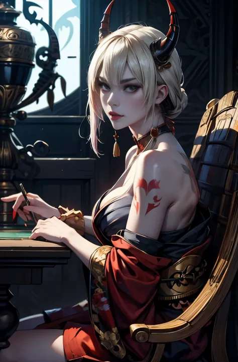 beautiful demon painting, knife剣を携えた鬼の女, knife, 妖knife, knife, powerful female samurai, ２Book horns, mouth with fangs, Eyes without pupils, gambling, Flower of Shura, platinum blonde demon, Beautiful red kimono, Oiran, highest ranking woman, Ghost Girl, Fe...