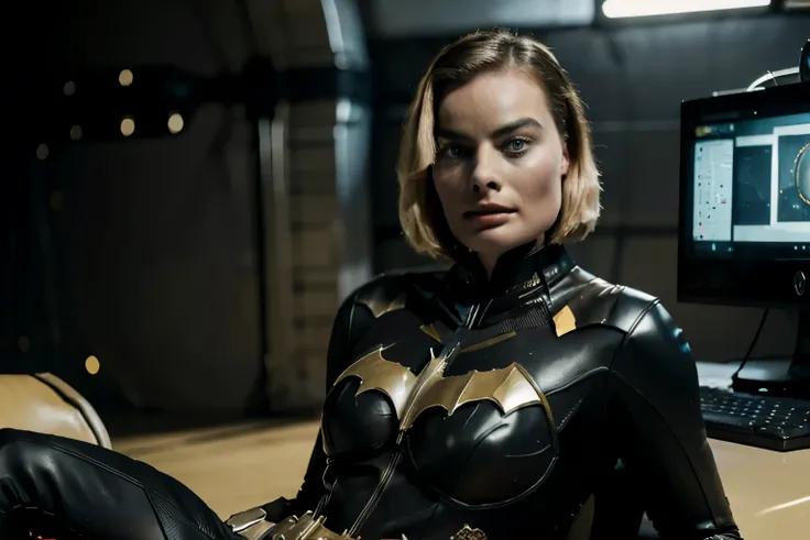 margot robbie, short blonde hair, batgirl suit, on the batcave, sitting on a chair front a computer, looking up, serious look, p...