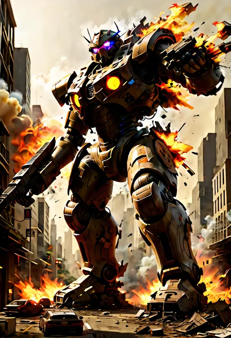 physically-based rendering,mecha,warrior,giant,metallic armor,fire,explosions,debris,destroyed buildings,smoke,sparks,cityscape,sunlight,glowing eyes,mechanical movements,fierce expression,dystopian,futuristic,sci-fi,action-packed,colorful palette,strong c...