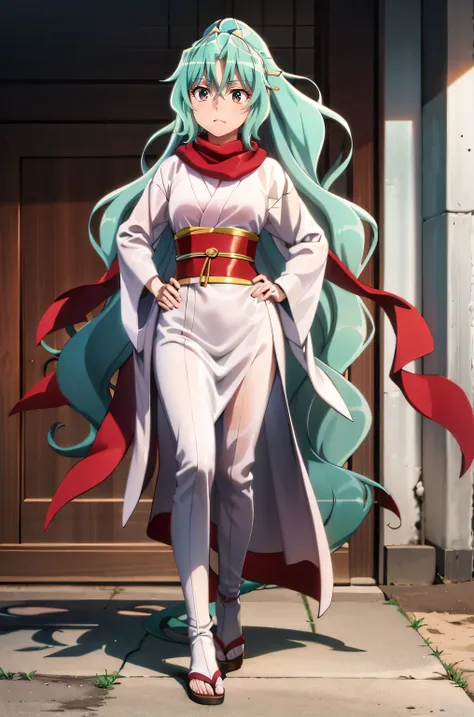 red eyes,tomoe aqua hair long hair ponytail japanese clothes kimono red scarf hair between eyes,full body