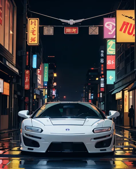 (Best Quality, 8k, Masterpiece: 1.3),Clear Focus: 1.2, (white Honda NSX :1.3), parked, in the Shibuya neighborhood at night, illuminated by colorful signs, neon lights, rainy night