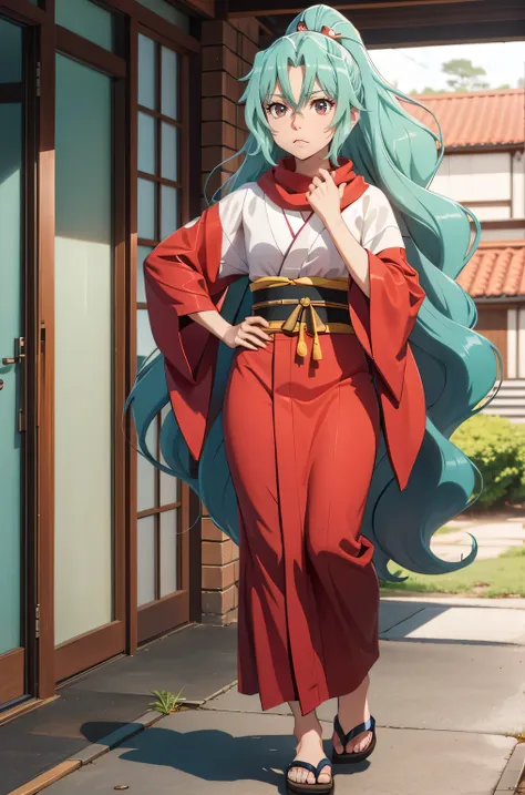 red eyes,tomoe aqua hair long hair ponytail japanese clothes kimono red scarf hair between eyes,full body