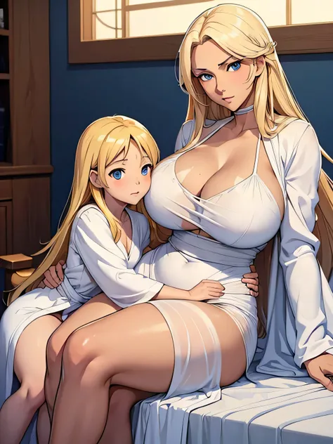 ((Meisterwerk)), Nice anime girl with tanned skin, Nice, reifen, weirdly big breasts, Langes blondes Haar, blaue Augen, perfekt, detailliert, Great attention to detail, wide hips, maternal figure, suggestives Gesicht, sinnlicher Gesichtsausdruck, caring mo...