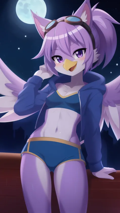 Furry girl, avian, yellow beak, lilac hair, short spiky hairstyle, short spiky ponytail, anime style, small breasts, purple eyes, big eyebrows, ((blue hoodie jacket, open clothes, blue sport bra, blue sport shorts, goggles)), high quality, detailed body, d...