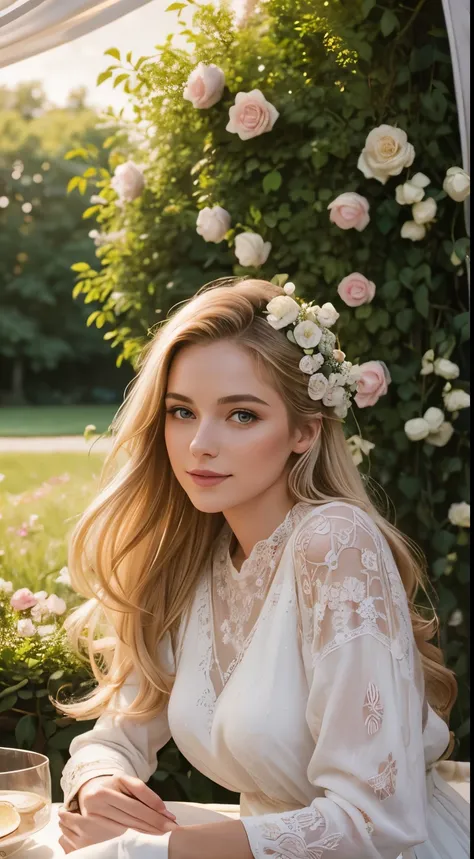 1 woman, American, beautiful, (selfie, happy), Shooting in a hidden garden tent during a private tea party, Lush greenery and floral arrangements backlight, Tent Open Sign, Masterpiece, Best Quality, Ultra-detailed, Solo, exteriors, a secluded garden oasis...