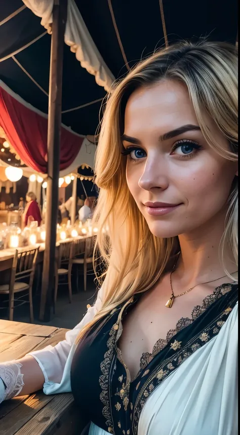 1 woman, American, beautiful, (selfie, happy), Shooting in a Renaissance fair tent during golden hour, Medieval tents and festive decorations backlight, Tent Open Sign, Masterpiece, Best Quality, Ultra-detailed, Solo, exteriors, historical fairgrounds, liv...