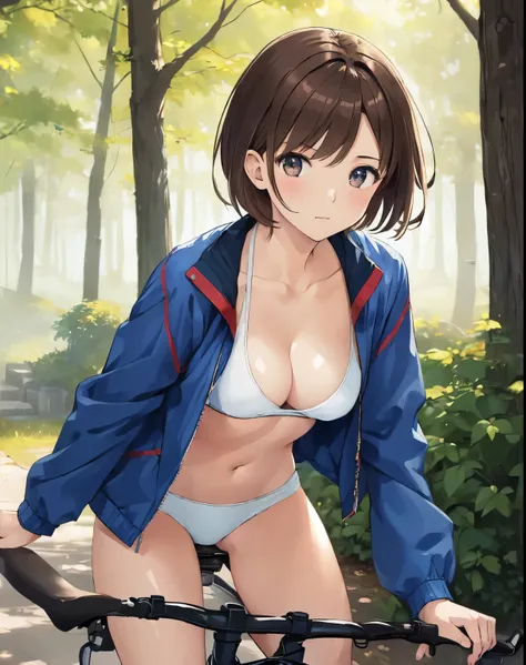 (((masterpiece))), ShizukaMikazuki, 1girl, solo, looking at viewer, short hair, brown hair, long sleeves, cleavage, medium breasts, closed mouth, collarbone, jacket, open clothes, open jacket, blue jacket, ground vehicle, sports bra, bicycle,naked bending ...