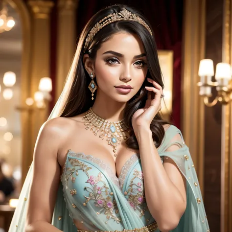 beautiful detailed eyes, beautiful detailed lips, long eyelashes, flawless complexion, elegant pose, high fashion, vibrant colors, lively atmosphere, bustling crowd, luxurious shopping center, stylish decorations, glamorous fashion show, high-end designer ...