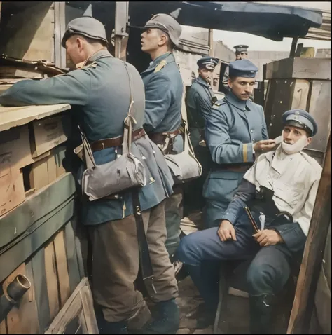 soldiers in uniform are standing in a line near a counter, colourized, colorized 1 9 0 4 photo, colorized photograph, colorized, colorized photo, award winning colorized photo, a colorized photo, colourised, taken on a ww 1 camera, colorized background, vi...