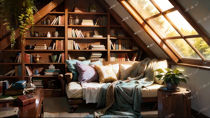 8k, a representation of a cozy reading room with a sofa and bookshelf, lugar aconchegante, Recanto de Leitura, ambiente aconchegante, fundo de casa aconchegante, cottagecore, quarto aconchegante, photo of a loft in the morning, fundo da sala pessoal, fundo...