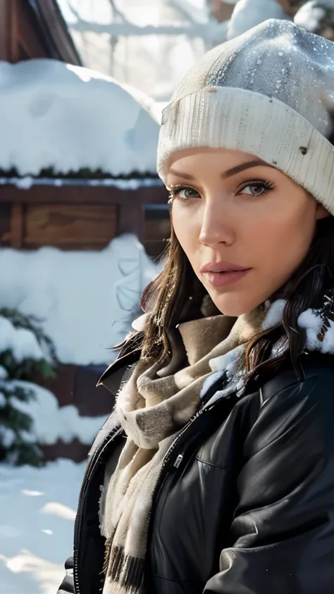 Katie Cassidy, perface face, beauty face, realistic, wearing a winter jacket, wearing a scarf, wearing a winter beanie, ((house setting, snow detail, snow, light detail)), other details, light reflections, 8k, ultrahd, best quality