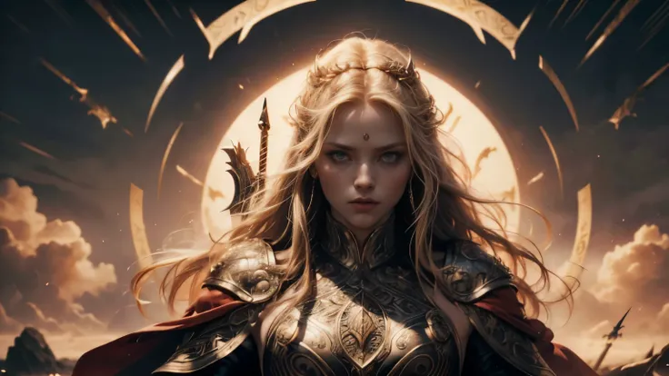 viking, golden hair, viking clothes, beautiful, sword, shield, ireland, viking tattos, red cape, storm, ((woman)), ((dramatic pose)), ((dramatic light)), ((complex background)), ((cinematic)), ((looking at the viewer)), ((upper body up)), ((symmetrical eye...