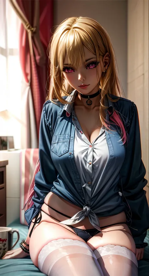 masterpiece, bestquality, (detailed eyes:1.4), pink eyes, ray tracing, soft lighting, (sexy lingerie) sitting on a bed, thigh highs, hyperrealistic, photorealistic anime girl render, realistic anime 3d style, smooth anime cg art, multicolour hair, blonde