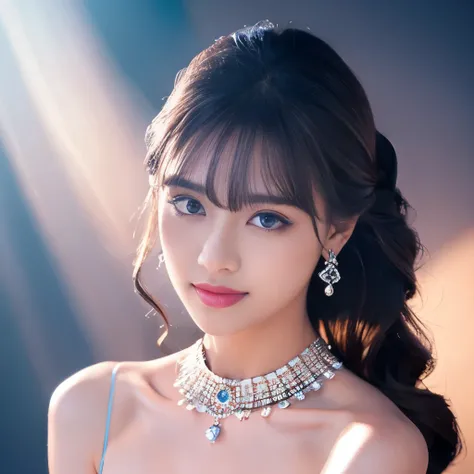 highest quality、8K resolution、master masterpiece、professional photography、one beautiful woman、expression、long and beautiful eyelashes、[Blue eyes]、An earnest depiction of lips、Glamorous hairstyles、[sparkling diamond earrings]、perfectly set jewelry、beautiful...