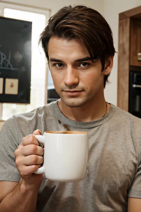 realistic image of a man holding up a coffee mug