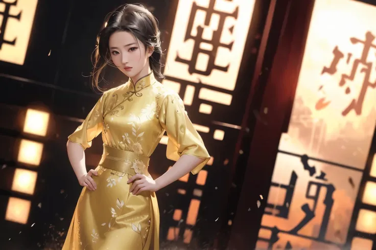 liuyifei, 1girl, solo, yellow tradition chinese dress, hand on hip, flat chest, cityscape, simple background, white background,