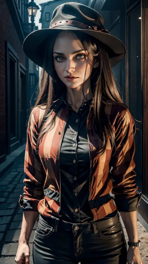 a female version of Freddy Krueger, totally realistic, always repeating the same face, always repeating the same appearance, always repeating the same proportions, always repeating the same outfit, ((alone)), full body, very detailed face, very detailed ey...