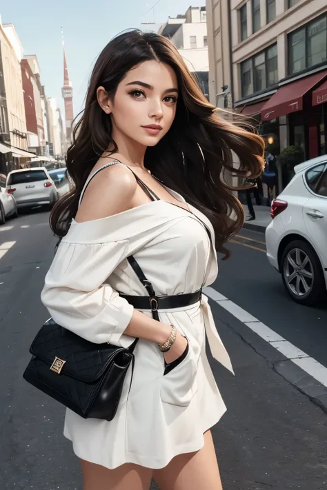 Ava, a fashion-forward trendsetter posing in a chic urban setting.Description: Ava has long, flowing brunette hair cascading down her shoulders, captivating hazel eyes that sparkle with confidence, and a radiant smile that lights up the frame, https://imag...