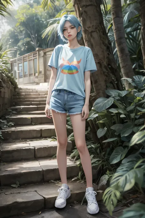 fox,light blue short hair,three light blue tails,yellow eyes,calm face,white long t-shirt,denim shorts,rainbow sneakers,forest background

