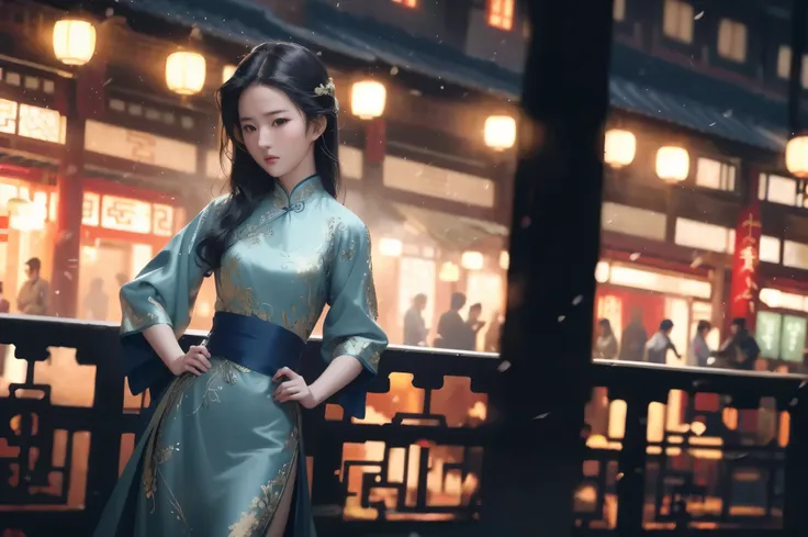 liuyifei, 1girl, solo, blue tradition chinese dress, hand on hip, flat chest, outdoors, cityscape, simple background, white back...