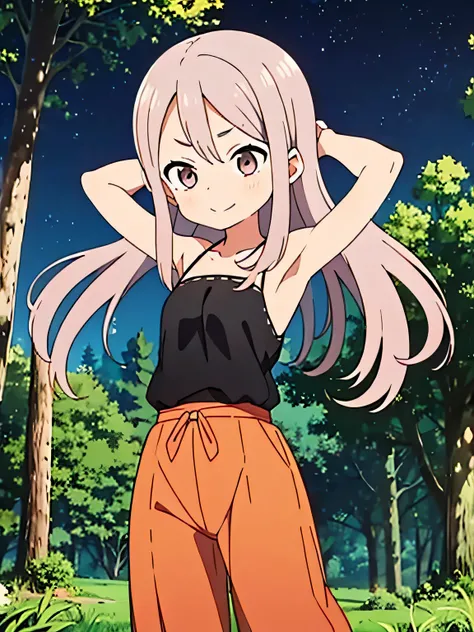 masterpiece, best quality, KunoichiAjisai, black shirt, sleeveless, orange pants, orange sleeves, long hair, grey hair, closed mouth, solo, cowboy shot, night sky, forest, arms behind head, contrapposto, shy smile, spread armpits, 