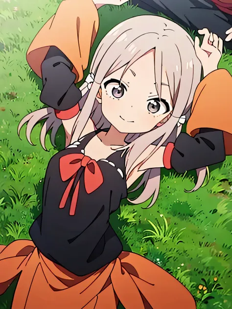 masterpiece, best quality, KunoichiAjisai, black shirt, sleeveless, orange pants, orange sleeves, anime, closed mouth, solo, cowboy shot, on back, on grass, arms up, shy smile, long hair, grey hair,   
