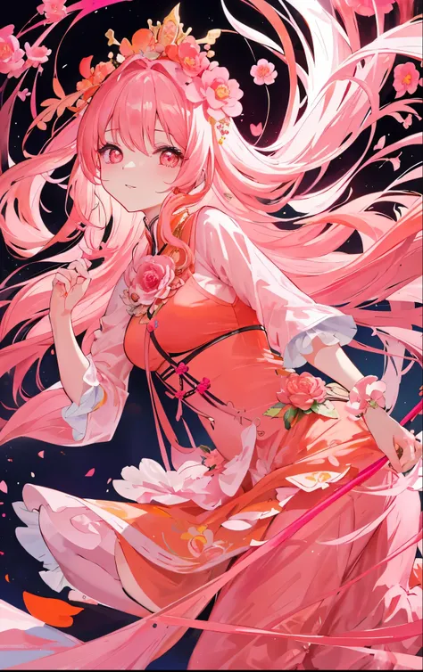 Pink orange peony flowers for decoration，Light pink orange long hair，Dark pink, dark orange and white clothes，Pink orange delicate pupils，Fairy Sister of Hehuan Sect，A crazy beauty who knows how to whip slaves！