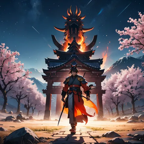 In the heart of ancient Japan, amidst cherry blossom trees and mist-covered mountains, a mighty dragon descends from the heavens, its fiery breath illuminating the night sky. Standing before the dragon, a stoic samurai, adorned in traditional armor and wie...