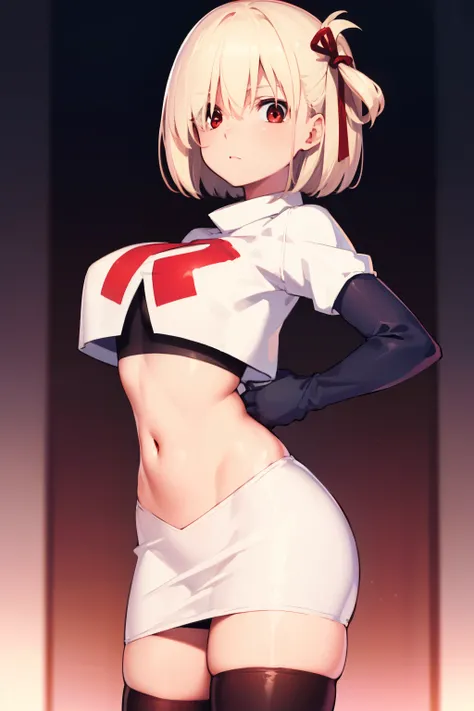 chisatonishikigi, nishikigi chisato, short hair, bangs, blonde hair, (red eyes:1.5), hair ribbon, one side up, bob cut,
BREAK team rocket,team rocket uniform, red letter R, white skirt,white crop top,black thigh-highs ,black elbow gloves
BREAK looking at v...