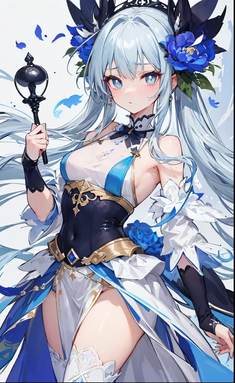 Blue gray peony flowers for decoration，light blue gray long hair，Dark blue and dark gray and white clothes，Delicate blue-grey pupils，Fairy Sister of Hehuan Sect，A crazy beauty who knows how to whip slaves！