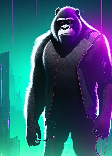 Digital drawing of male Antropomorphic gorilla drawn in cell shaded, furson, fandom peludo, Rainy neon cyberpunk scenario, Antropo, vestidos jaqueta cyberpunk 2 0 7 7, com fone de ouvido grande, rosto detalhado, nvinkpunk, estilo snwve