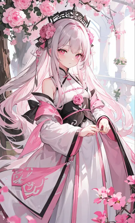 Pink gray peony flowers for decoration，light pink gray long hair，Dark pink, dark gray and white clothes，Pink gray delicate pupils，Fairy Sister of Hehuan Sect，A crazy beauty who knows how to whip slaves！