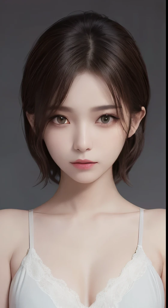 cinematic lighting、perfection、soft light、High resolution skin:1.2、realistic skin texture、、30 years old mature woman、no makeup、Detailed beautiful eyes、short hair、dark brown hair、Bust B Cup、small breasts、、cool pose、Gray background、