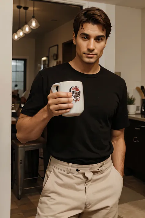 man on the go holding up his coffee mug