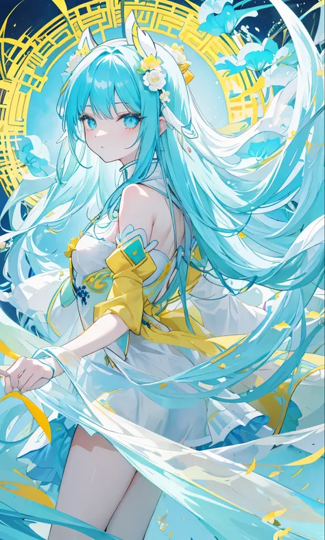 Yellow cyan peony flowers for decoration，Light yellow cyan long hair，Dark teal and white clothes，Delicate cyan pupils，Fairy Sister of Hehuan Sect，A crazy beauty who knows how to whip slaves！