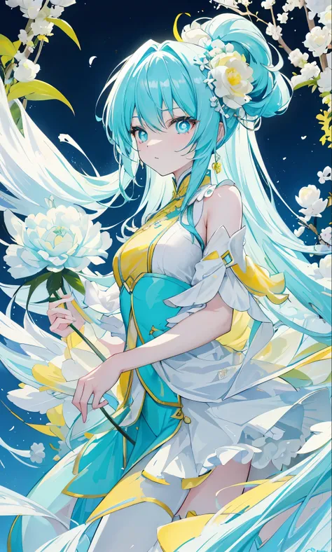 Yellow cyan peony flowers for decoration，Light yellow cyan long hair，Dark teal and white clothes，Delicate cyan pupils，Fairy Sister of Hehuan Sect，A crazy beauty who knows how to whip slaves！