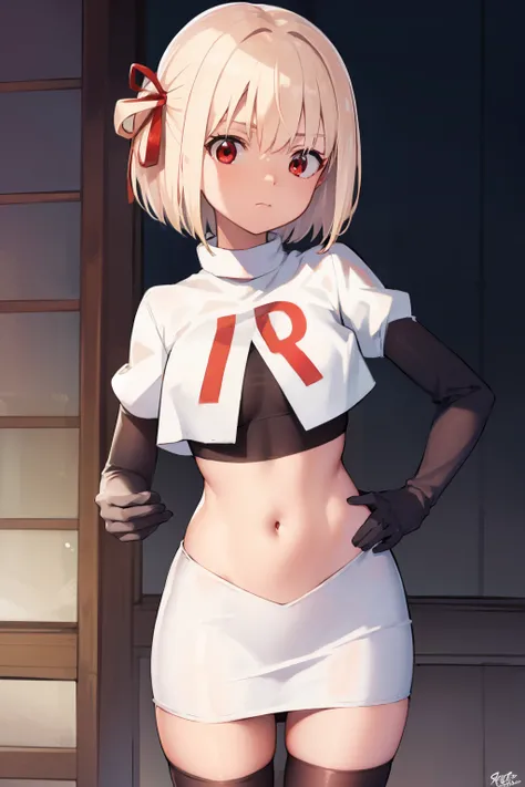 chisatonishikigi, nishikigi chisato, short hair, bangs, blonde hair, (red eyes:1.5), hair ribbon, one side up, bob cut,
BREAK team rocket,team rocket uniform, red letter R, white skirt,white crop top,black thigh-highs ,black elbow gloves
BREAK looking at v...