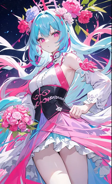 Red pink green blue purple gray cyan peony flowers for decoration，Light green blue purple gray cyan red long hair，Dark red pink green blue purple gray cyan and white clothes，Delicate pupils of blue, purple, gray and cyan，Fairy Sister of Hehuan Sect，A crazy...