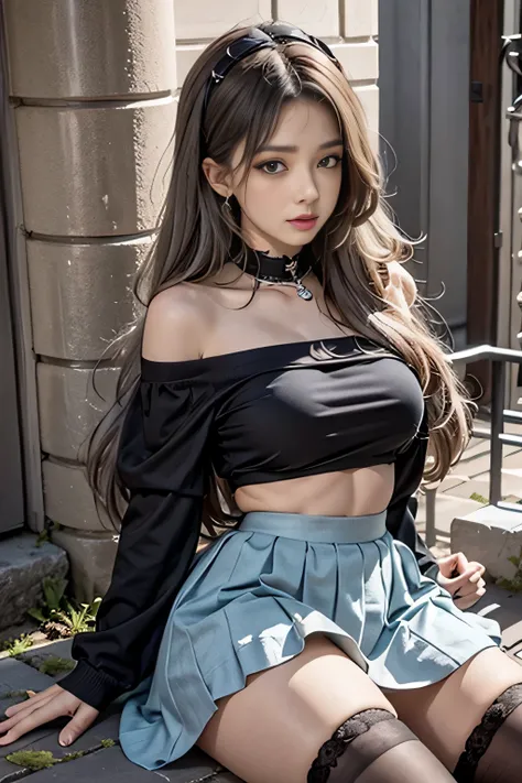 realistic, High resolution, 1 female, alone, hip up, show viewer, (detailed face), gray hair, long hair, Maid clothes, jewelry、）（off shoulder）、（((Raise the skirt to the chest))）、）（Panty shot）（（Black lace panties visible））