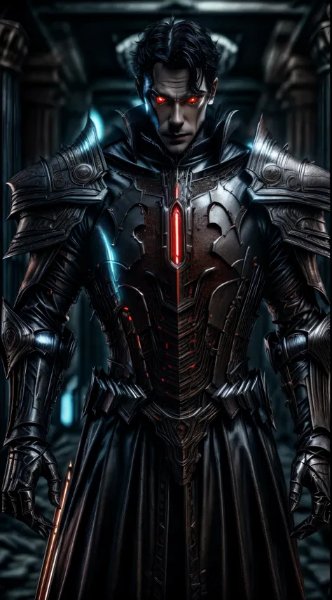 1 man, red glowing eyes, black hair, pale skin, black gold armor,,,vampire king,, fantasy dark souls world, fighting with, vampi...