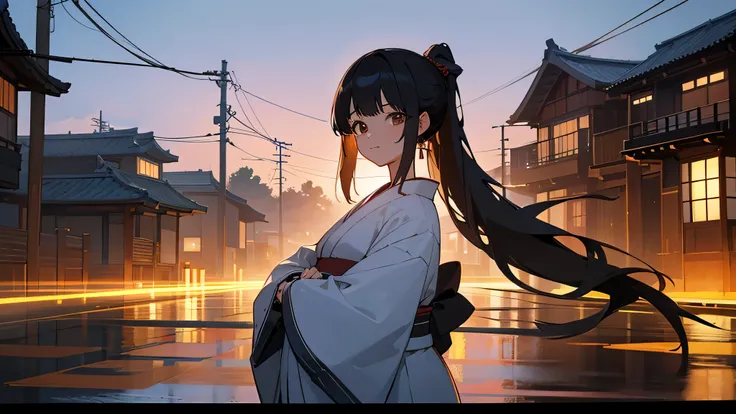 Illustration by Miyuu,japanese woman,brown eyes,20 year old lady,long black hair,Get a long ponytail hairstyle,Wearing a kimono,Japanese-style street,Japanese-style houses and shops lining the streets,night,Directly to the viewer，Make their bodies symmetri...