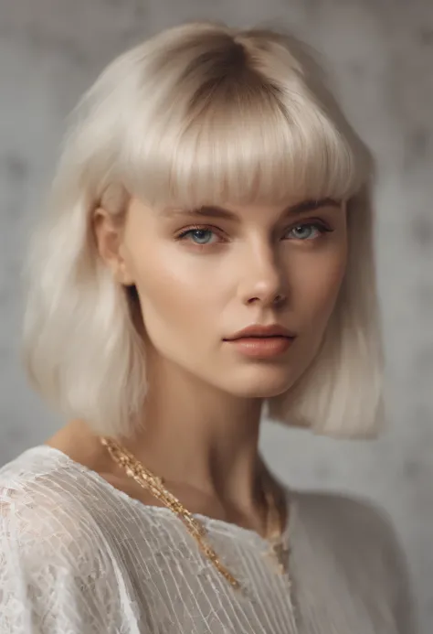 blond 18 yo woman with a white top and a necklace in a room, a hyperrealistic painting inspired by Hedi Xandt, unsplash contest winner, hyperrealism, white bangs, girl with short white hair, hair whitebangs hair, white french bob, with short hair with bang...