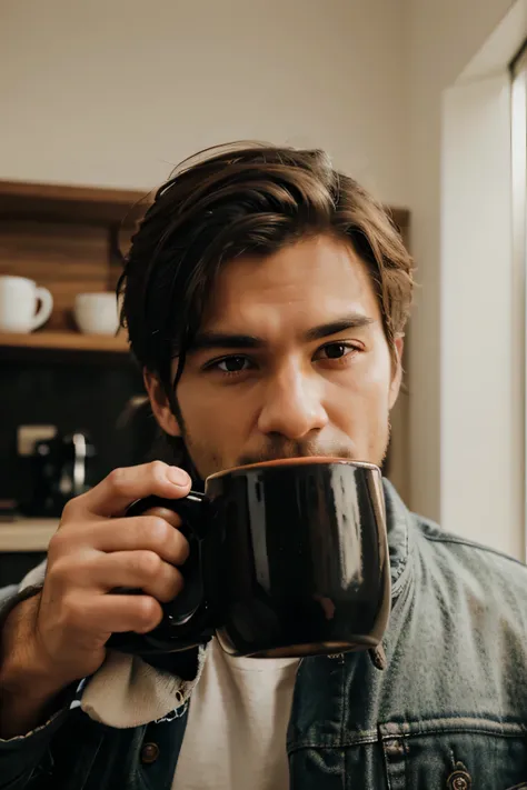 realistic image of a man holding up a coffee mug