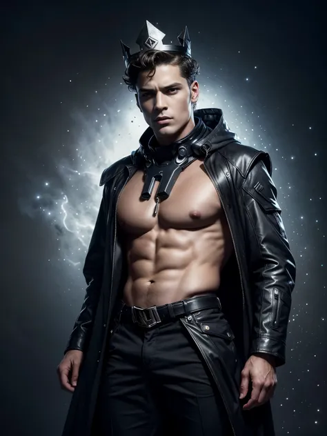 Photorealistic, ((best quality)), ((masterpiece)), (detailed),masculine portrait of youngt futuristic prince, 18-year-old male models, handsome, tall, cute looking, evil look, dark look, powerful, young male, handsome model, clean shave, silver eyes. (shor...