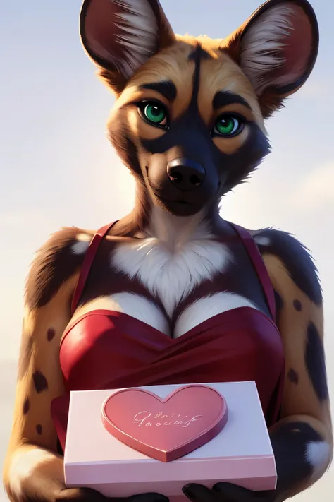 (by pixelsketcher:0.6), (by personalami :0.6), solo, female,african wild dog, (cinematic lighting:1.1), (perfect focus:1.1), 8k hd, photo, (detailed eyes:1.2),depth of field, bokeh, subsurface scattering, perfect breasts, wide angle,(dress, red dress,neckl...