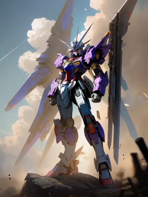 ((highest quality)), ((masterpiece)), (very detailed: 1.3), 8K, floating,flight,Wind:1.5,cool paintings, Lots of SF, A huge blue-purple Gundam MK2 with large mechanical wings., Streamlined blue-purple armor with complex weapons and equipment behind it., Gu...